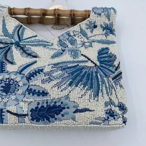 Blue and White Floral Beaded Bamboo Handle Bag Viral Tik Tok Made in India NWT - Picture 5 of 8